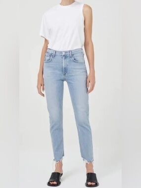 AGOLDE Merrel Light Wash Mid-Rise Straight Blue Denim Jeans Astray Raw Hem Sz 28